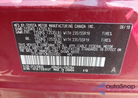 2019 Toyota Rav4 Adventure z USA, uszkodzony, nr VIN 2T3J1RFV3KC024950